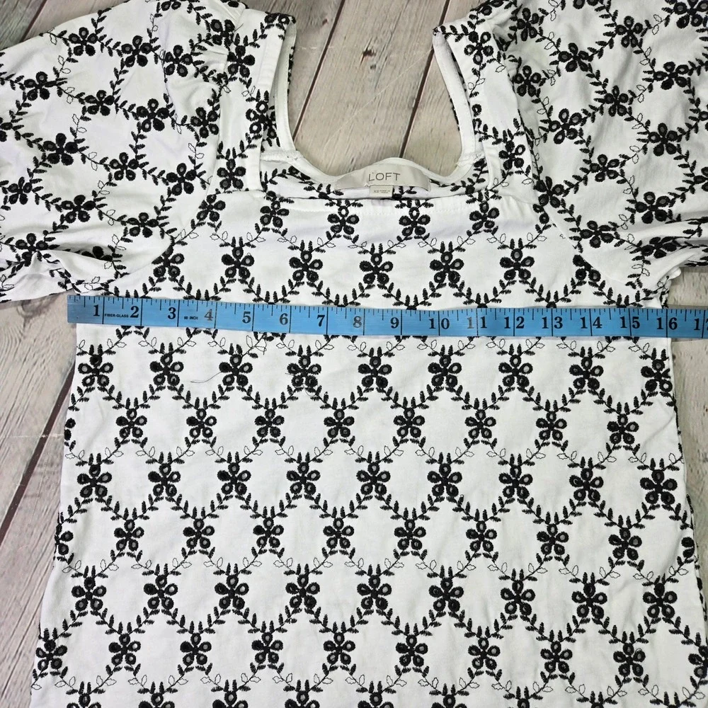 LOFT Womens XS White Black Eyelet Embroidered Puff Sleeve Square Neck Top 586416